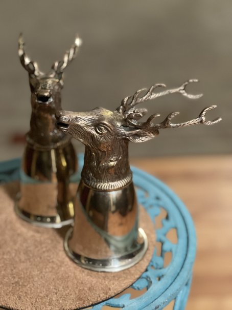 Deer Stag Stirrup Cups (2) Silver plated & Brass