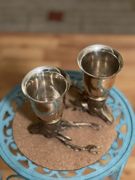 Deer Stag Stirrup Cups (2) Silver plated & Brass